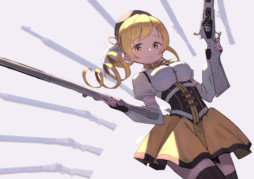 1girl black_thighhighs blonde_hair breasts brown_corset brown_headwear closed_mouth corset cowboy_shot drill_hair floating floating_object floating_weapon from_below gun hair_ornament hands_up highres holding holding_gun holding_weapon juliet_sleeves large_breasts light_smile long_sleeves looking_at_viewer looking_down magical_girl mahou_shoujo_madoka_magica mahou_shoujo_madoka_magica_(anime) miniskirt multiple_weapons puffy_sleeves shimizu_tomoki shirt shotgun simple_background skirt solo soul_gem thigh-highs tomoe_mami twin_drills weapon white_background white_shirt yellow_eyes yellow_skirt yellow_trim