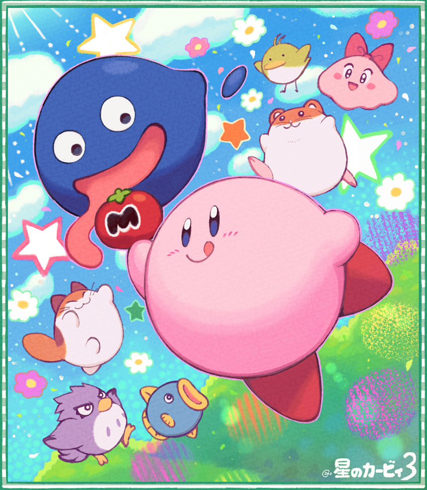 animal_ears blue_skin blue_sky cat_ears chuchu_(kirby) colored_skin coo_(kirby) fish flower gooey_(kirby) highres kine_(kirby) kirby kirby's_dream_land_3 kirby_(series) maxim_tomato nago no_humans pink_skin pitch_(kirby) rick_(kirby) show_chiku-by sky solid_oval_eyes star_(symbol) tongue tongue_out wings