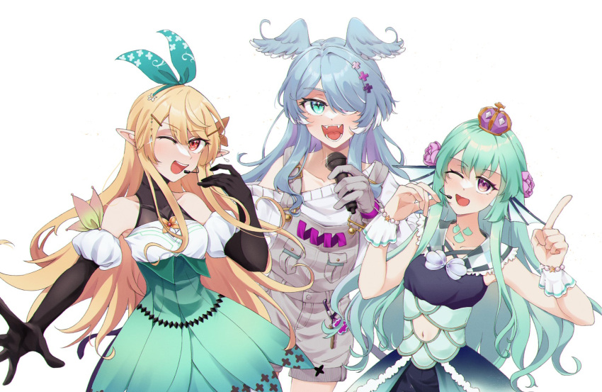 3girls :d ;o aqua_eyes aqua_ribbon bike_shorts black_gloves blonde_hair blue_hair blue_wings breasts brown_eyes butterfly_hair_ornament clothing_cutout crown detached_sleeves dress earpiece elbow_gloves elira_pendora elira_pendora_(1st_costume) fangs finana_ryugu finana_ryugu_(1st_costume) fins fish_girl flower frilled_sailor_collar frills gloves green_dress green_hair green_skirt grey_gloves grey_overalls hair_flower hair_ornament hair_over_one_eye hair_ribbon hand_up head_fins head_wings high-waist_skirt highres holding holding_instrument holding_microphone index_finger_raised instrument key keychain lazulight long_hair looking_at_viewer microphone multicolored_eyes multicolored_hair multiple_girls music navel navel_cutout neck_tattoo nijisanji nijisanji_en nineone_o off_shoulder one_eye_closed one_eye_covered open_mouth overall_shorts overalls pointy_ears pomu_rainpuff pomu_rainpuff_(1st_costume) puffy_sleeves purple_flower red_eyes ribbon round_teeth sailor_collar shirt showgirl_skirt simple_background singing single_glove skirt small_breasts smile spread_fingers sweater tattoo teeth tongue upper_teeth_only violet_eyes virtual_youtuber white_background white_hair white_shirt white_sweater wings wrist_cuffs x_hair_ornament
