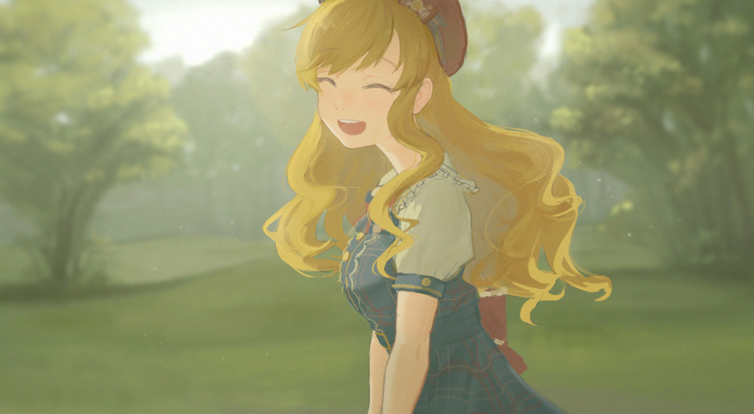 1girl beret blonde_hair blue_dress blush closed_eyes day dress facing_viewer grass hat highres idolmaster idolmaster_cinderella_girls idolmaster_cinderella_girls_starlight_stage long_hair nature ohtsuki_yui open_mouth outdoors shioda_(shioda_5) short_sleeves smile solo tree upper_body wavy_hair