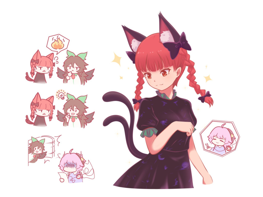 3girls ahoge animal_ear_fluff animal_ears bed_sheet bird_wings black_dress black_hair black_wings blue_jacket bow braid brown_hair cat_ears cat_tail chibi closed_eyes dress extra_ears fire frills green_bow hair_ornament heart heart_hair_ornament highres holding holding_sheet jacket kaenbyou_rin komeiji_satori leaftyannon light_bulb long_hair long_sleeves multiple_girls multiple_tails official_alternate_costume opening_door paw_pose pink_hair puffy_short_sleeves puffy_sleeves purple_hair red_eyes redhead reiuji_utsuho scissors short_hair short_sleeves simple_background slit_pupils sparks speech_bubble sweatdrop tail third_eye touhou twin_braids two_tails unfinished_dream_of_all_living_ghost white_background wings