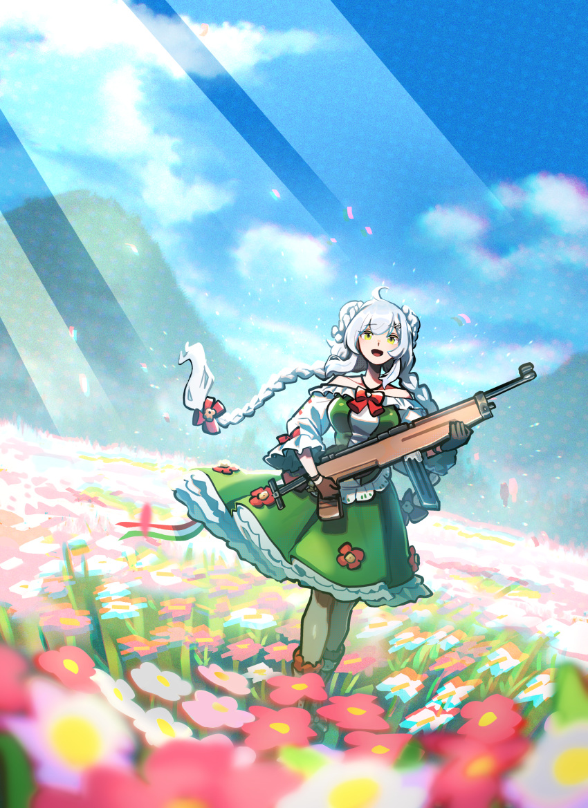 1girl 43m_(girls'_frontline) absurdres braid commission commissioner_upload danuvia_43m dress field flower flower_field girls_frontline green_dress green_eyes highres hungarian_clothes hungarian_flag iganashi1 light_rays long_braid mountainous_horizon skeb_commission smile sunbeam sunlight white_hair