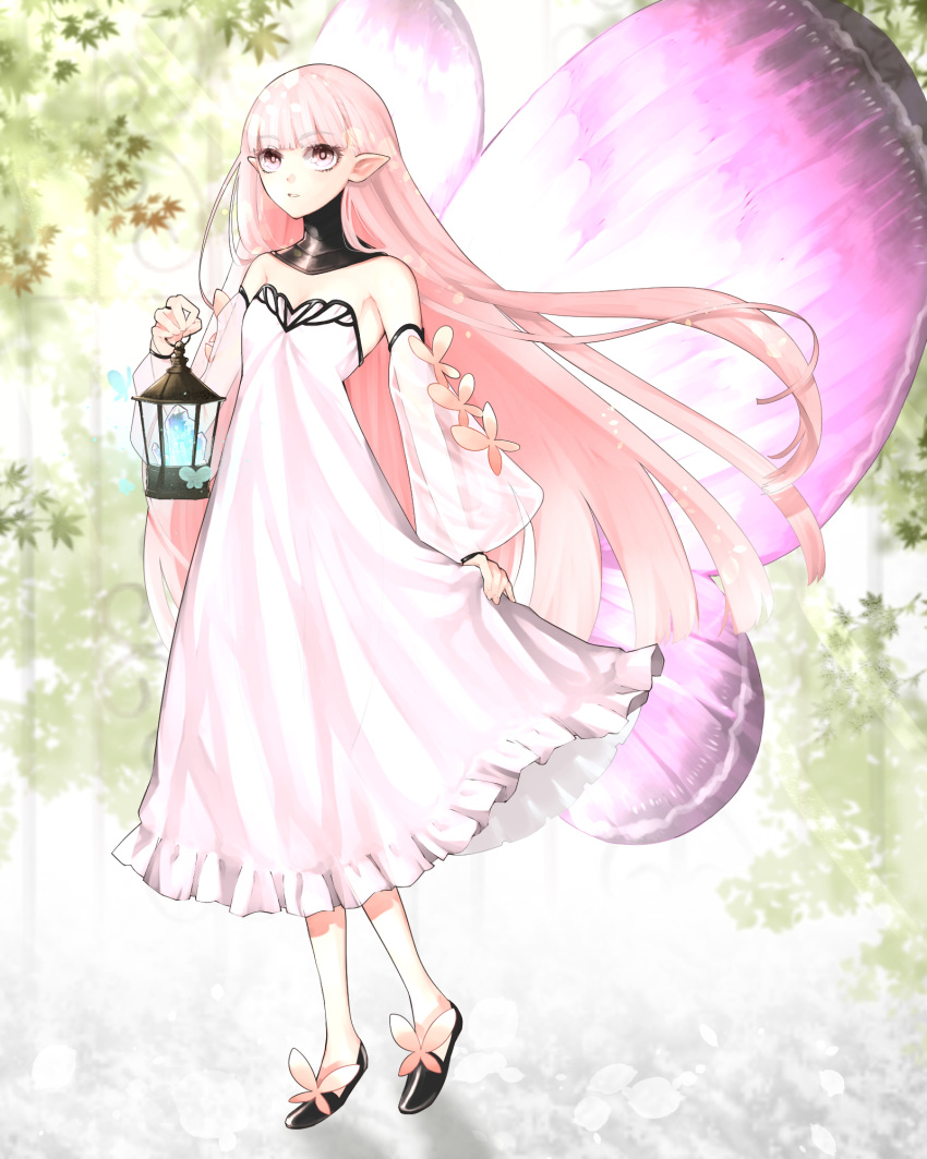 1girl bare_shoulders black_footwear breasts butterfly_ornament butterfly_wings clothes_pull coral_(fate) detached_sleeves dress dress_pull fairy fairy_wings fate/grand_order fate_(series) forest full_body hazuki-a highres holding holding_lantern jewelry lantern long_hair looking_at_viewer medium_breasts nature neck_ring pink_eyes pink_hair pink_wings pointy_ears see-through see-through_sleeves shoes solo white_dress wings