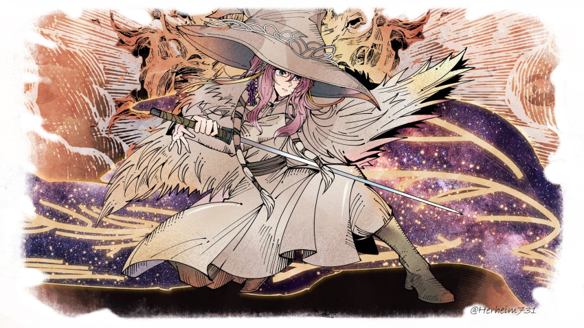 1girl artist_name commission denny626 elden_beast elden_ring hat highres holding holding_sword holding_weapon long_hair mixed-language_commentary pink_eyes pink_hair purple_sky sky star_(sky) sword tarnished_(elden_ring) weapon witch_hat