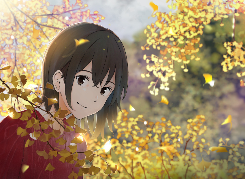 1girl autumn autumn_leaves blurry blurry_background branch brown_eyes brown_hair day ginkgo_leaf highres leaf leaning_forward light_smile looking_at_viewer original outdoors red_sweater sakura_inu_(itoyatomo) short_hair solo sweater tree