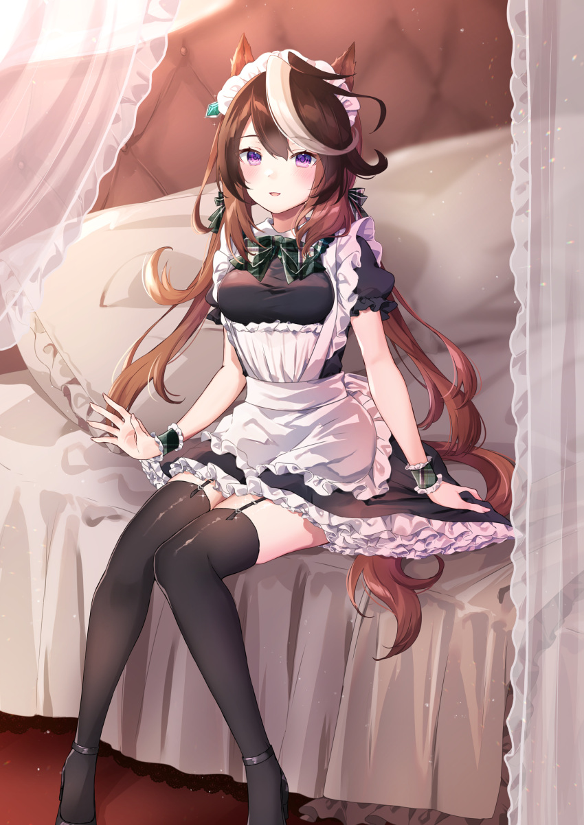 1girl :d alternate_costume animal_ears apron bed black_dress black_footwear black_thighhighs blush bow breasts brown_hair commentary_request curtains dress enmaided frilled_apron frilled_dress frilled_pillow frilled_sleeves frills garter_straps green_bow hair_between_eyes highres horse_ears horse_girl horse_tail indoors long_hair looking_at_viewer low_twintails maid maid_apron maid_headdress medium_breasts multicolored_hair on_bed pillow plaid plaid_bow puffy_short_sleeves puffy_sleeves purin_jiisan shoes short_sleeves sitting smile solo streaked_hair symboli_rudolf_(umamusume) tail thigh-highs transparent twintails two-tone_hair umamusume very_long_hair violet_eyes white_apron white_hair wrist_cuffs