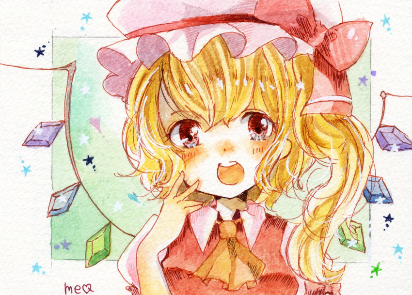 1girl ascot blonde_hair bow breasts collared_shirt crystal flandre_scarlet green_background hair_between_eyes happy hat hat_bow hat_ribbon highres long_hair looking_at_viewer mob_cap multicolored_wings one_side_up open_mouth painting_(medium) red_bow red_eyes red_ribbon red_vest ribbon shirt simple_background small_breasts smile solo star_(symbol) teeth totoki_mea touhou traditional_media upper_body upper_teeth_only vest watercolor_(medium) white_background white_headwear white_shirt wings yellow_ascot