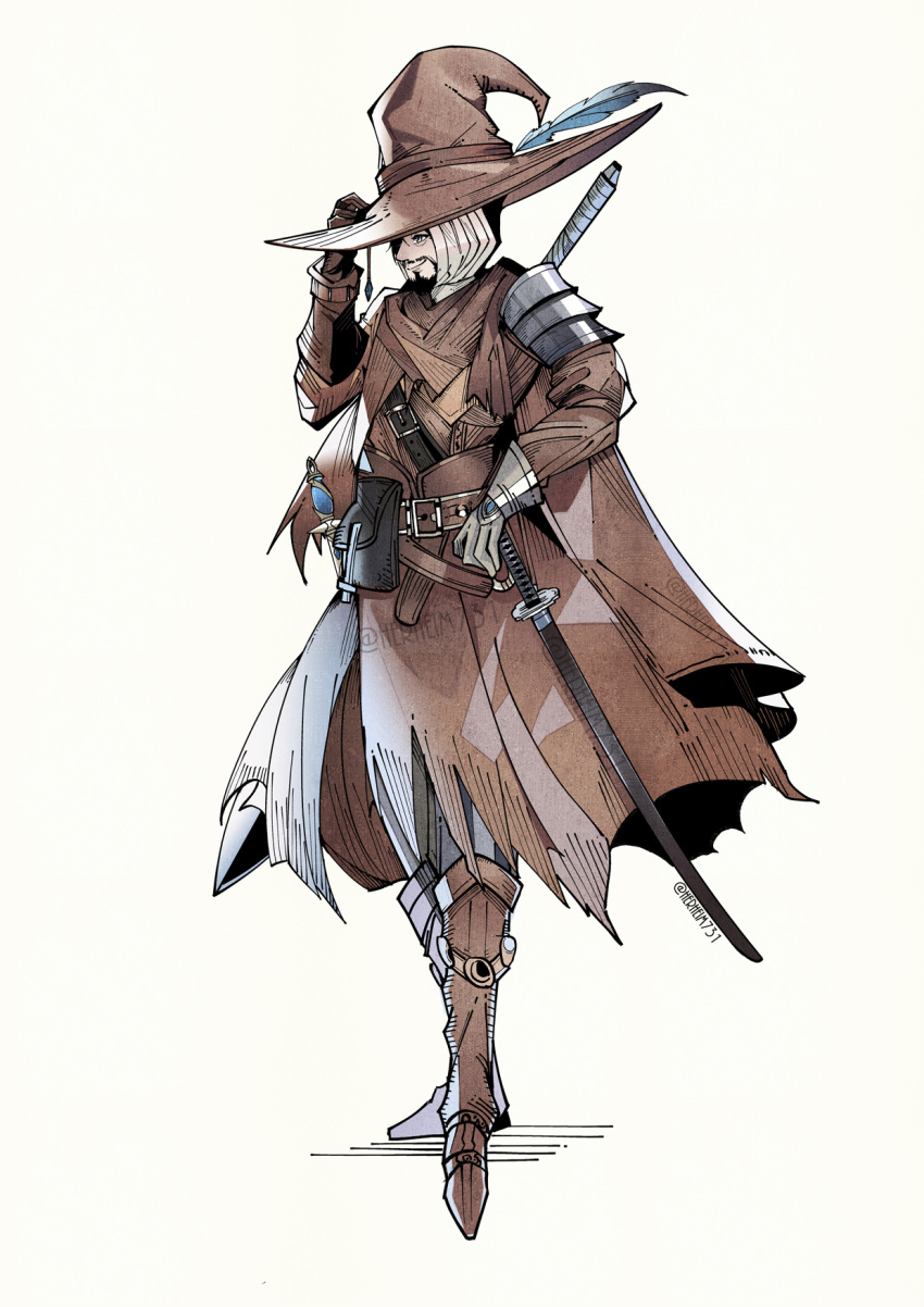 1boy armor artist_name belt boots brown_gloves commission denny626 elden_ring facial_hair gauntlets gloves goatee hat hat_feather highres mixed-language_commentary sheath short_hair shoulder_armor simple_background smile solo standing sword tarnished_(elden_ring) weapon white_background white_hair witch_hat