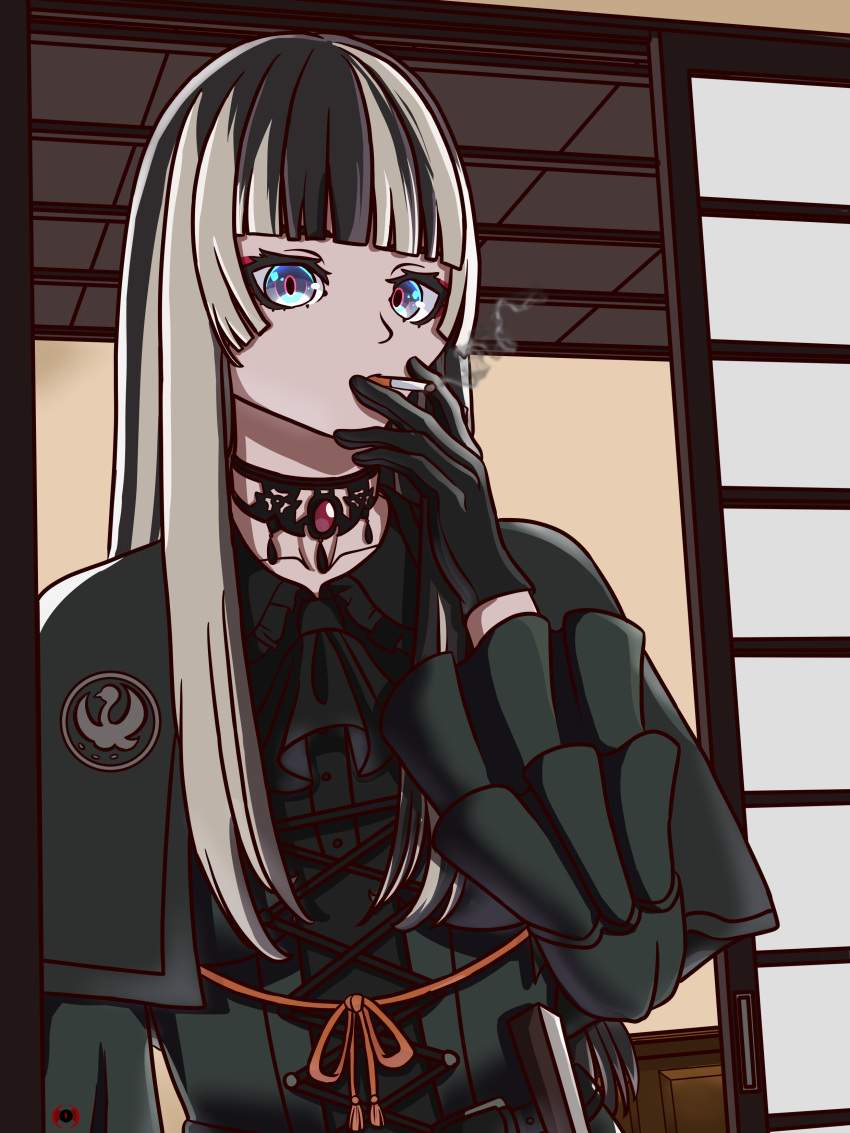 1girl absurdres ascot black_ascot black_gloves black_hair blue_eyes capelet choker cigarette collarbone cross-laced_clothes cross-laced_dress dress emblem gloves green_capelet green_dress grey_hair highres hololive hololive_dev_is juufuutei_raden lace lace_choker long_hair multicolored_hair open_door orange_ribbon red_brooch ribbon smoke smoking solo streaked_hair tacchan_(hkrznarts) virtual_youtuber