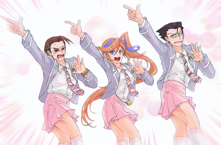 &gt;_&lt; 1girl 2boys :d absurdres ace_attorney annoyed antenna_hair apollo_justice arm_up athena_cykes black_hair blazer blue_eyes blue_hairband blue_jacket blue_ribbon bracelet brown_hair closed_eyes collared_shirt comedy copyright_request cosplay_request crossdressing double_horizontal_stripe dxxx_xxxt feet_out_of_frame forked_eyebrows hairband hand_up highres index_finger_raised jacket jewelry kneehighs lapel_pin lapels layered_sleeves long_hair long_sleeves looking_at_viewer matching_outfits miniskirt multiple_boys necktie open_clothes open_jacket open_mouth orange_hair parody_request phoenix_wright pink_background pink_necktie pink_skirt plaid_necktie pleated_skirt ribbon shirt short_hair skirt sleeve_cuffs smile socks spiky_hair sweat teeth twisted_torso v-shaped_eyebrows very_long_hair white_shirt white_socks