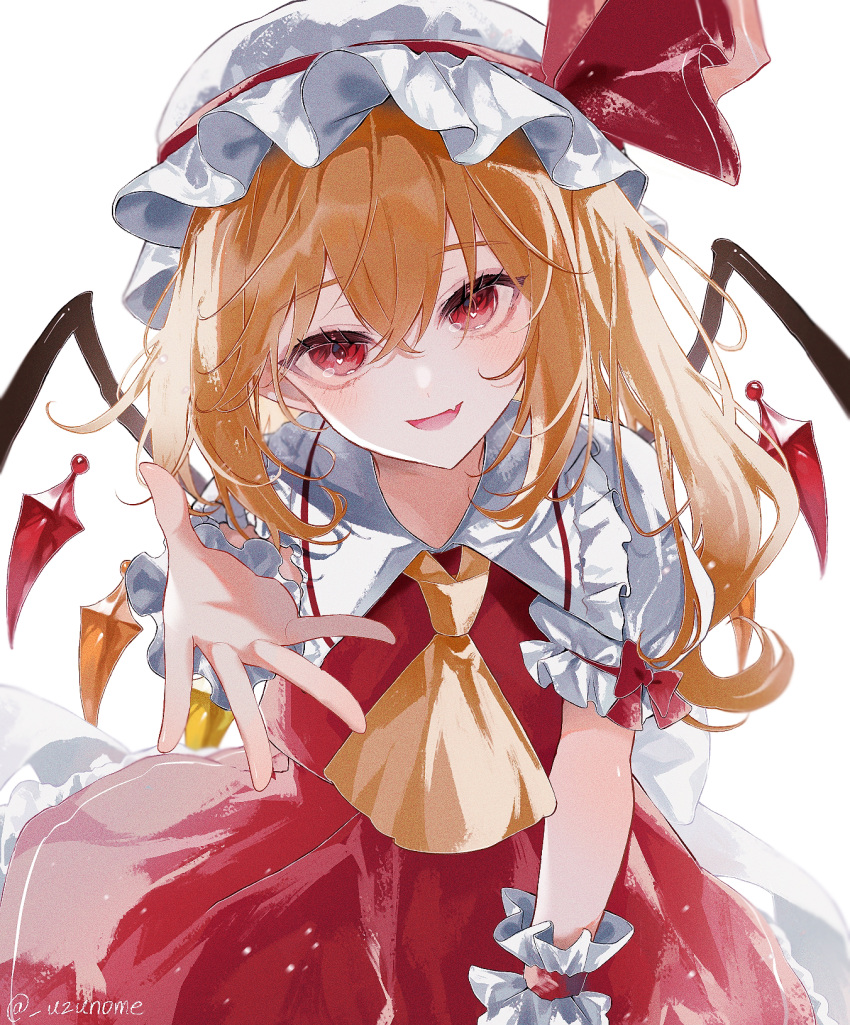 1girl blonde_hair blush collared_shirt fang flandre_scarlet frilled_shirt_collar frills hat highres long_hair looking_at_viewer mob_cap neckerchief one_side_up open_mouth red_eyes red_skirt red_vest shirt simple_background skirt smile solo touhou uzmee vest white_background white_headwear white_shirt yellow_neckerchief