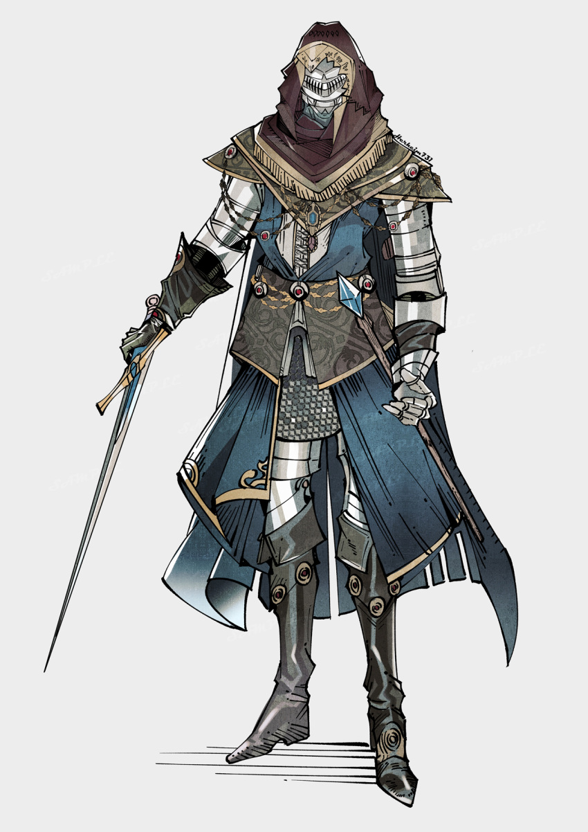 1boy armor black_footwear boots chainmail commentary commission denny626 elden_ring english_commentary gauntlets helmet highres holding holding_sword holding_weapon simple_background solo standing sword tarnished_(elden_ring) weapon white_background