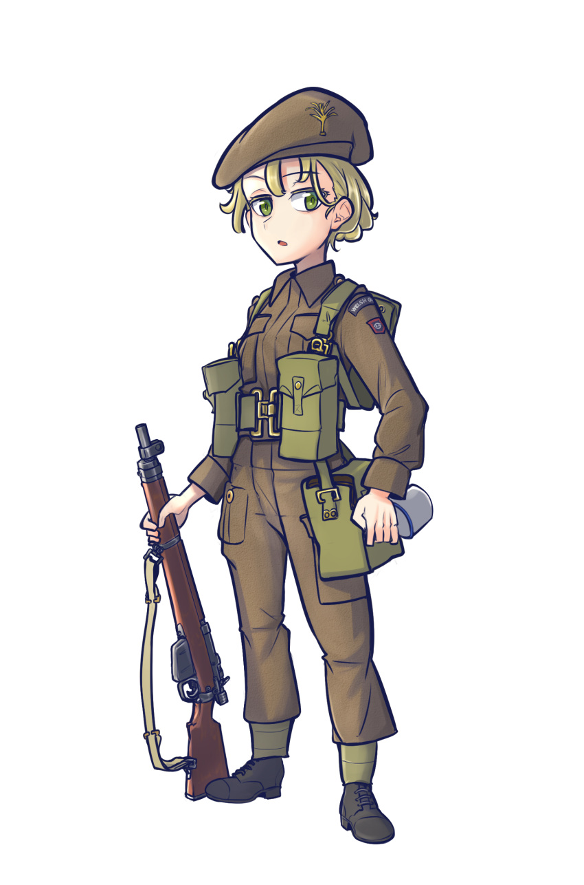 1girl absurdres belt beret black_footwear blonde_hair bolt_action boots breast_pocket british_army brown_headwear brown_jacket brown_pants buttons commentary full_body gaiters green_eyes gun gun_sling hat hat_ornament highres holding holding_gun holding_weapon insignia jacket lee-enfield load_bearing_equipment long_sleeves looking_at_viewer military military_hat military_uniform original pants pocket rifle short_hair soldier solo standing uniform united_kingdom warriordesu weapon world_war_ii