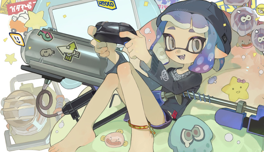 1girl :d anklet barefoot bean_bag_chair black_headwear black_shirt black_shorts blobfish blush character_doll character_request colored_tongue commentary_request controller e-liter_4k_(splatoon) explosher_(splatoon) fangs feet game_controller gun hands_up hat highres holding holding_controller holding_game_controller inkling inkling_girl jewelry knees_up long_sleeves looking_at_viewer open_mouth p-pepper pointy_ears purple_hair purple_tongue shirt short_eyebrows short_hair short_shorts shorts sidelocks sitting smile smiley_face solo splatoon_(series) star_(symbol) sticker stuffed_toy suction_cups tag tentacle_hair violet_eyes weapon white_background