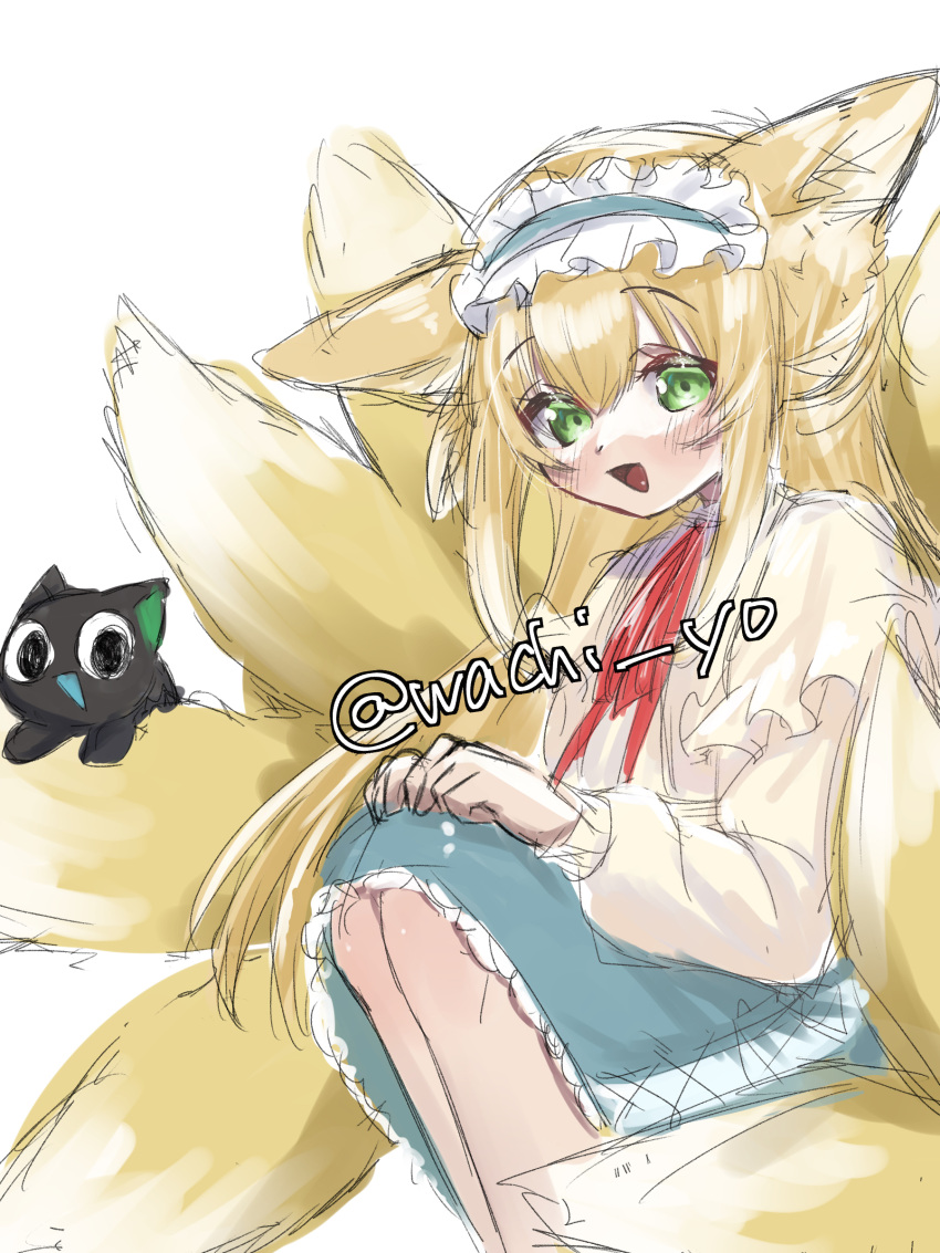 1girl absurdres animal_ears arknights artist_name black_cat blonde_hair blue_hairband blue_skirt cardigan cat commentary_request crossover fox_ears fox_girl fox_tail frilled_hairband frills green_eyes hair_between_eyes hairband highres kitsune kyuubi long_sleeves luo_xiaohei luo_xiaohei_zhanji multiple_tails neck_ribbon official_alternate_costume open_mouth puffy_long_sleeves puffy_sleeves red_ribbon ribbon simple_background skirt suzuran_(arknights) suzuran_(spring_praise)_(arknights) tail twitter_username wachi_(wachi_yo) white_background yellow_cardigan