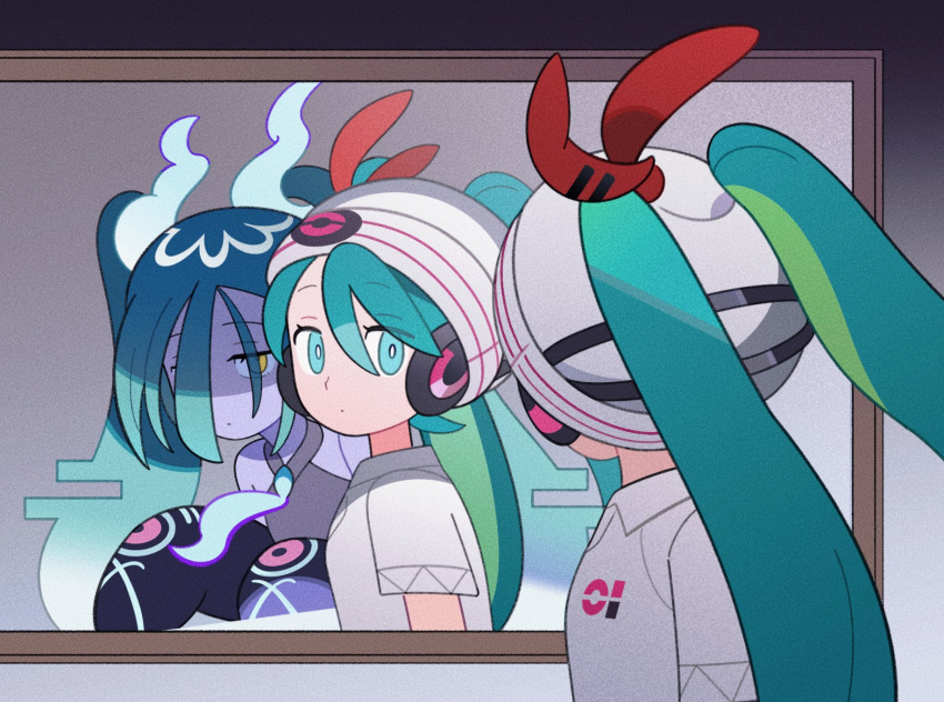 2girls aqua_eyes aqua_hair beanie bright_pupils closed_mouth collared_shirt commentary_request detached_sleeves dot_mouth ghost ghost_miku_(project_voltage) glitch grey_shirt hair_between_eyes hair_over_one_eye hair_through_headwear half-closed_eyes hat hatsune_miku headphones highres klarogiraffe long_hair looking_at_mirror mirror multiple_girls necktie pale_skin pokemon project_voltage psychic_miku_(project_voltage) reflection shirt short_sleeves sleeves_past_fingers sleeves_past_wrists twintails upper_body very_long_hair vocaloid white_headwear white_pupils white_shirt will-o'-the-wisp_(mythology) yellow_eyes