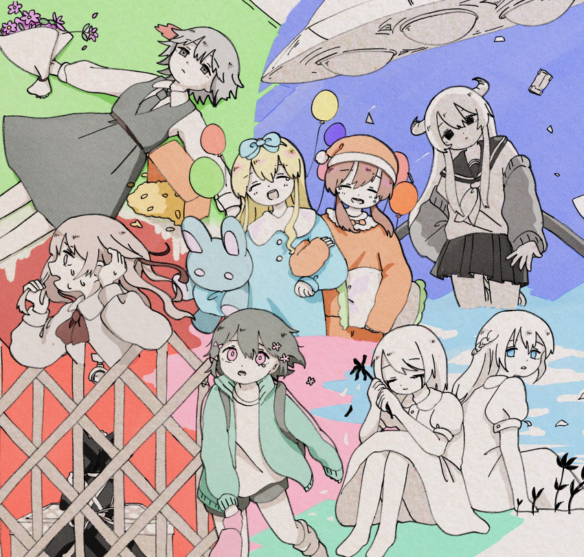 1other 6+girls absurdres adipocere_(vocaloid) angel_care_(vocaloid) aqua_jacket back-to-back balloon black_dress black_eyes black_flower black_hair black_necktie black_shorts black_skirt black_tears blonde_hair blood blue_bow blue_eyes blue_pajamas bouquet bow braid brown_hair car cardigan cardigan_partially_removed carrying carrying_under_arm cevio chikyuu_no_ura_(cevio) closed_eyes clouds collage collared_dress commentary_request creator_connection crying debris dress elevator_door expressionless facing_away falling_petals floating floating_hair floating_object flower grey_eyes grey_hair hair_bow hair_down hair_flower hair_ornament hair_over_shoulder hair_ribbon half_updo hand_grab hands_in_hair hat head_tilt highres holding holding_bouquet holding_flower holding_pillow holding_stuffed_toy horns isei_ni_ikou_ne_(cevio) jacket knees_up kyu-kurarin_(cevio) last_journey_(vocaloid) leg_warmers locked_arms long_hair long_sleeves looking_at_another looking_back looking_down low_twintails lying maid motor_vehicle multiple_girls necktie nervous_sweating nightcap on_back open_cardigan open_clothes open_jacket out_of_frame outstretched_arms pajamas pajamy_(vocaloid) parted_lips partially_colored petals pillow pinafore_dress pink_bow pink_eyes pink_flower pleated_skirt pool_of_blood puffy_short_sleeves puffy_sleeves red_headwear red_pajamas ribbon sabaku_(saba9) sad_smile sayonara_jackpot_(vocaloid) school_uniform security_camera serafuku short_hair short_sleeves shorts sidelocks sitting skirt sleeveless sleeveless_dress smile songover spread_arms stuffed_animal stuffed_rabbit stuffed_toy sweat track_jacket traditional_media twintails ufo vocaloid watercolor_pencil_(medium) white_hair