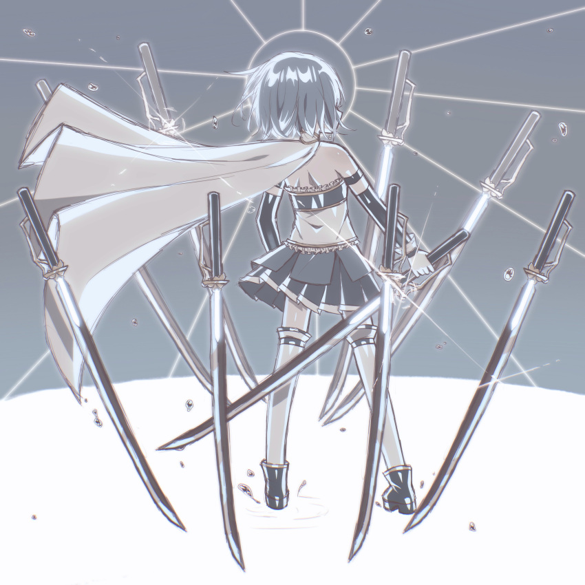 1girl absurdres bare_back bare_shoulders blue_footwear blue_hair cape detached_sleeves eunostarr facing_away floating_clothes frills full_body gloves highres holding holding_sword holding_weapon magical_girl mahou_shoujo_madoka_magica miki_sayaka pleated_skirt short_hair skirt solo standing sword thigh-highs weapon white_cape white_gloves white_thighhighs