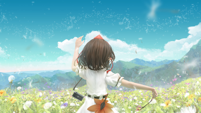 1girl absurdres black_hair branch camera dandelion_seed facing_away fasnakegod field flower flower_field from_behind hat highres holding holding_branch mountainous_horizon musical_note outdoors pointy_ears puffy_short_sleeves puffy_sleeves scenery shameimaru_aya shirt short_sleeves single-lens_reflex_camera solo tokin_hat touhou white_shirt