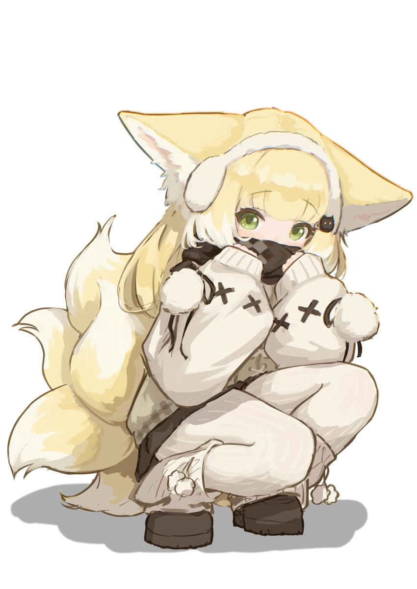 1girl absurdres alternate_costume arknights black_scarf blonde_hair borrowed_clothes brown_footwear cat_hair_ornament chack520 chinese_commentary colored_tips commentary covering_mouth earmuffs fox_girl fox_tail green_eyes hair_ornament highres kitsune kyuubi long_hair long_sleeves looking_at_viewer multicolored_hair multiple_tails puffy_long_sleeves puffy_sleeves scarf shoes simple_background sleeves_past_wrists squatting suzuran_(arknights) tail two-tone_hair white_background white_hair