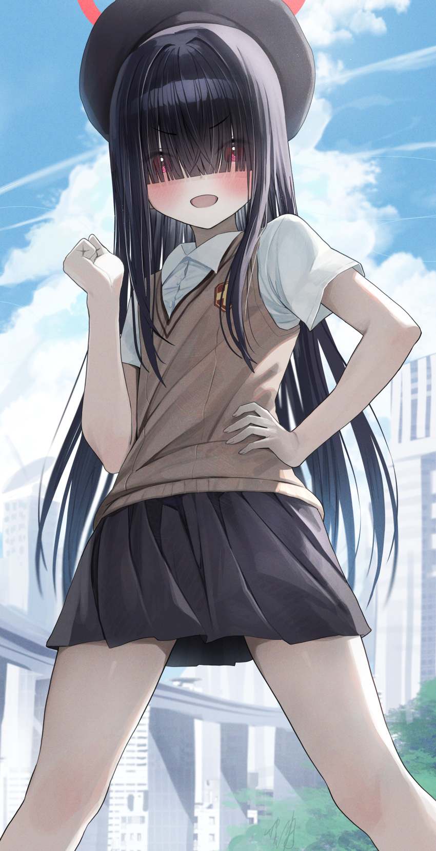 1girl absurdres alternate_costume beret blue_archive blurry blurry_background blush breasts brown_sweater_vest clenched_hand clouds collared_shirt cosplay emblem eyes_visible_through_hair grey_skirt hat hidulume highres highway hime_cut justice_task_force_member_(blue_archive) long_bangs long_hair looking_at_viewer open_mouth pleated_skirt school_emblem school_uniform shirt signature skirt sky small_breasts solo standing summer_uniform sweater_vest toaru_majutsu_no_index tokiwadai_school_uniform white_shirt
