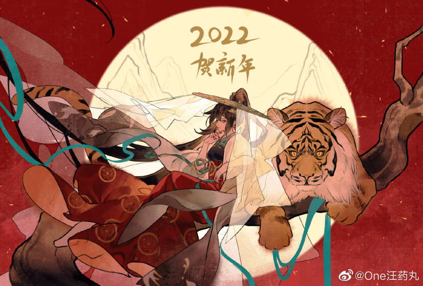 2022 ajirogasa animal_ears barefoot black_dress blue_eyes blue_ribbon branch brown_hair check_copyright china_dress chinese_clothes chinese_commentary chinese_zodiac closed_mouth colored_sclera commentary_request copyright_request dress embers eyelashes full_moon hand_on_own_chin hat high_ponytail in_tree jacket long_dress long_hair long_sleeves mole mole_under_eye moon nail_polish new_year one_wang_yaowan open_clothes open_jacket original patterned_clothing red_dress red_nails red_sky ribbon sitting sitting_in_tree sky slit_pupils smile tail tiger tiger_ears tiger_stripes tiger_tail tree two-tone_dress very_long_hair waist_ribbon weibo_logo weibo_username white_jacket white_veil year_of_the_tiger yellow_sclera
