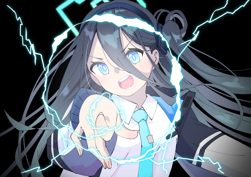 1girl absurdres aqua_necktie aris_(blue_archive) black_background black_hair blue_archive blue_eyes commentary_request electricity flat_chest hair_between_eyes halo hand_up highres index_finger_raised jacket long_hair long_sleeves looking_at_viewer necktie open_mouth parody pointing pointing_at_viewer shirt side_ponytail solo teeth toaru_kagaku_no_railgun toaru_majutsu_no_index upper_body upper_teeth_only v-shaped_eyebrows white_jacket white_shirt zumikusu