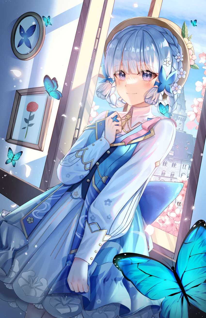 1girl blue_butterfly blue_dress blue_eyes blue_hair blunt_bangs blunt_tresses braided_hair_rings brown_headwear bug butterfly butterfly_hair_ornament butterfly_ring closed_mouth collar dress flower genshin_impact hair_ornament hat hat_flower hat_leaf highres kamisato_ayaka kamisato_ayaka_(springbloom_missive) light_blue_hair long_sleeves looking_at_viewer mole mole_under_eye momyong multicolored_clothes multicolored_dress neck_tassel official_alternate_costume official_alternate_hairstyle pantyhose picture_frame puffy_long_sleeves puffy_sleeves short_hair smile solo white_collar white_dress white_pantyhose window