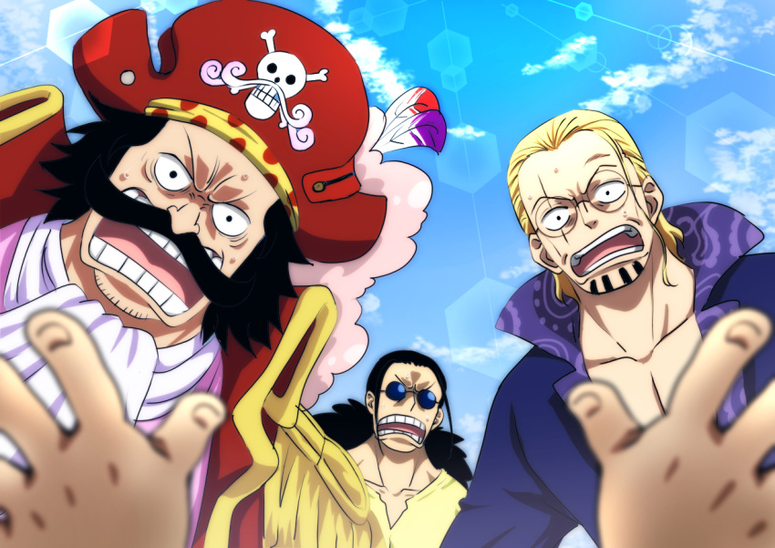 4boys baby beard blonde_hair clouds cloudy_sky collarbone commentary_request day epaulettes facial_hair glasses gol_d._roger hat long_hair looking_at_another low_ponytail male_focus medium_hair multiple_boys musasabiop mustache one_piece open_mouth outdoors pirate_hat ponytail round_eyewear scar scar_across_eye scar_on_face scopper_gaban shanks_(one_piece) short_hair silvers_rayleigh sky sunglasses teeth