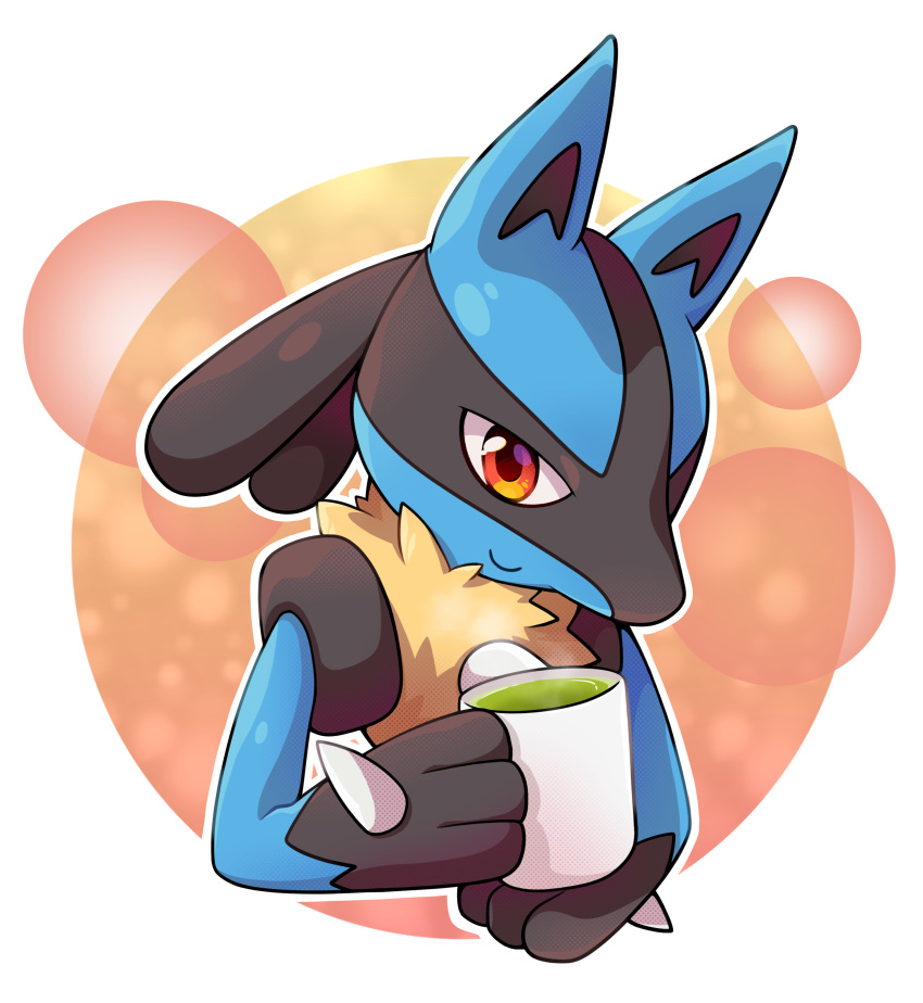 absurdres animal_ears closed_mouth cropped_torso cup dog_ears goom_(goomyparty) highres holding holding_cup looking_at_viewer lucario mug pokemon pokemon_(creature) red_eyes smile solo spikes steam upper_body white_background