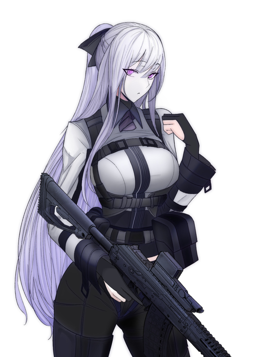 1girl ak-12 artificial_eyes assault_rifle belt belt_pouch black_gloves eyebrows_hidden_by_hair girls_frontline gloves gun hair_between_eyes highres holding holding_gun holding_weapon kalashnikov_rifle long_bangs long_hair long_sleeves looking_at_viewer pink_eyes ponytail pouch rifle simple_background solo strap swavigg tactical_clothes weapon white_background white_hair