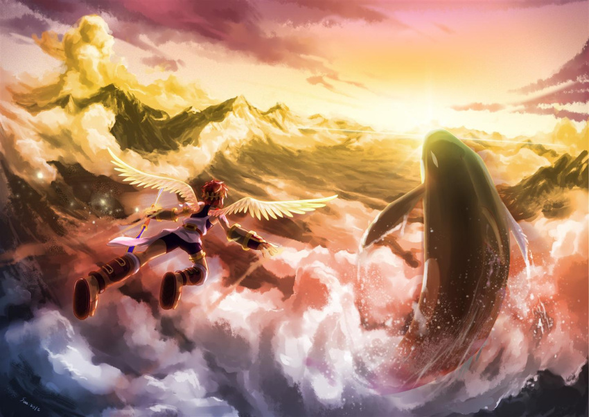 1boy angel angel_wings armlet bow_(weapon) brown_hair clouds dated flying from_behind kid_icarus kid_icarus_uprising laurel_crown mountain orca pit_(kid_icarus) pxl_(pxltw) scenery signature sparkle sun weapon wings