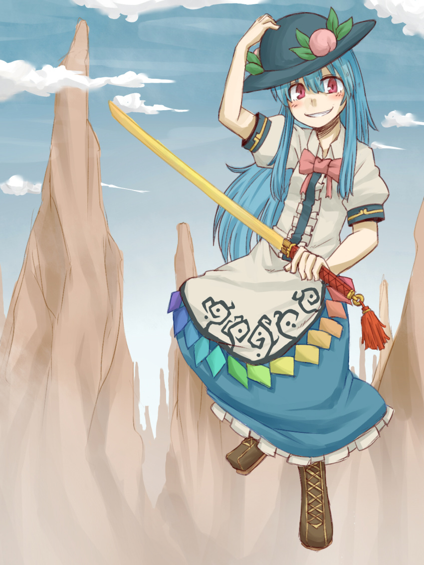 1girl apron black_headwear blue_hair blue_skirt blue_sky blush boots bow bowtie brown_footwear center_frills clouds collared_shirt commentary_request cross-laced_footwear day flat_chest frilled_skirt frills full_body grin hair_between_eyes hand_on_headwear hat highres hinanawi_tenshi holding holding_sword holding_weapon kuri_dora leaf_hat_ornament long_bangs long_hair looking_at_viewer mountain outdoors peach_hat_ornament pink_bow pink_bowtie puffy_short_sleeves puffy_sleeves rainbow_gradient red_eyes shirt short_sleeves skirt sky smile solo sword sword_of_hisou touhou waist_apron weapon white_apron white_shirt