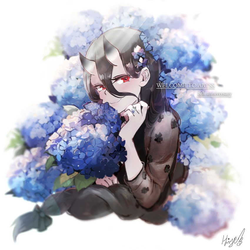 1girl abyssal_ship battleship_princess black_dress black_hair blue_flower bouquet colored_skin dress english_text flower hair_between_eyes hair_between_horns hi_ye horns jewelry kantai_collection long_hair looking_at_viewer oni_horns red_eyes ring smile solo very_long_hair wedding_ring white_skin