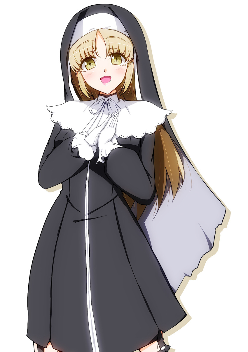 1girl :d black_dress blush brown_eyes capelet contrapposto cowboy_shot dress full-length_zipper gloves habit high_collar highres light_brown_hair long_dress long_hair long_sleeves looking_at_viewer nijisanji nun open_mouth palms_together shun_rkgk simple_background sister_cleaire sister_cleaire_(1st_costume) smile solo straight_hair traditional_nun virtual_youtuber white_background white_capelet white_gloves zipper zipper_dress