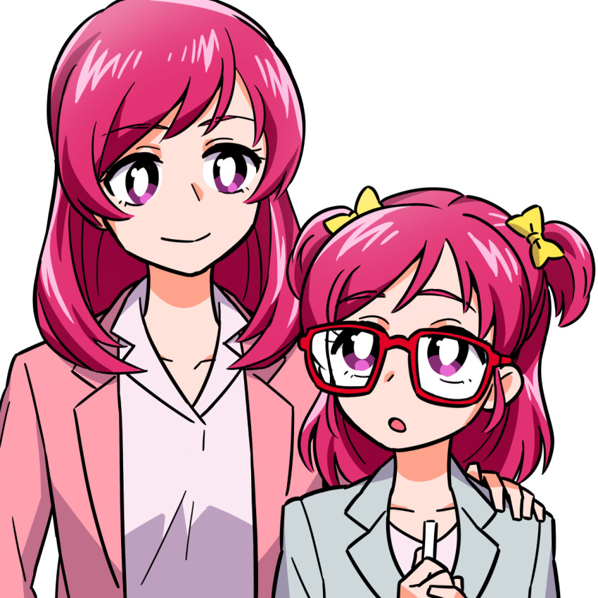 2girls :o blazer bright_pupils closed_mouth dress_shirt dual_persona glasses grey_jacket hair_ribbon hand_on_another's_shoulder highres jacket kibou_no_chikara_~otona_precure_'23~ looking_at_another medium_hair multiple_girls open_mouth pink_hair pink_jacket precure precure_all_stars_new_stage_3:_eien_no_tomodachi red-framed_eyewear ribbon shirai_keita shirt simple_background smile time_paradox two_side_up violet_eyes white_background white_pupils white_shirt yellow_ribbon yes!_precure_5 yumehara_nozomi