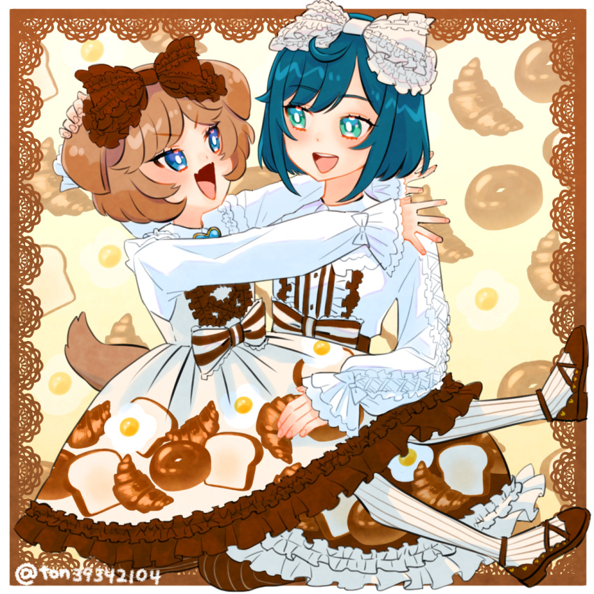 animal_ears aqua_eyes black_bow black_bowtie black_footwear black_ribbon blue_eyes blue_hair bob_cut bow bowtie bread bright_pupils brooch brown_hair center_frills delicious_party_precure dog_ears dog_girl dog_tail doily dress egg_(food) fang food food_print frills fuwa_kokone hair_bow hand_on_another's_head heart heart_brooch hug jewelry long_sleeves looking_at_another matching_outfits medium_dress monster_rally open_mouth pam-pam_(precure) pam-pam_(precure)_(human) pantyhose precure print_dress ribbon shoes short_hair sitting sitting_on_lap sitting_on_person skin_fang smile striped striped_pantyhose tail twitter_username vertical-striped_pantyhose vertical_stripes white_bow white_dress white_pantyhose white_pupils