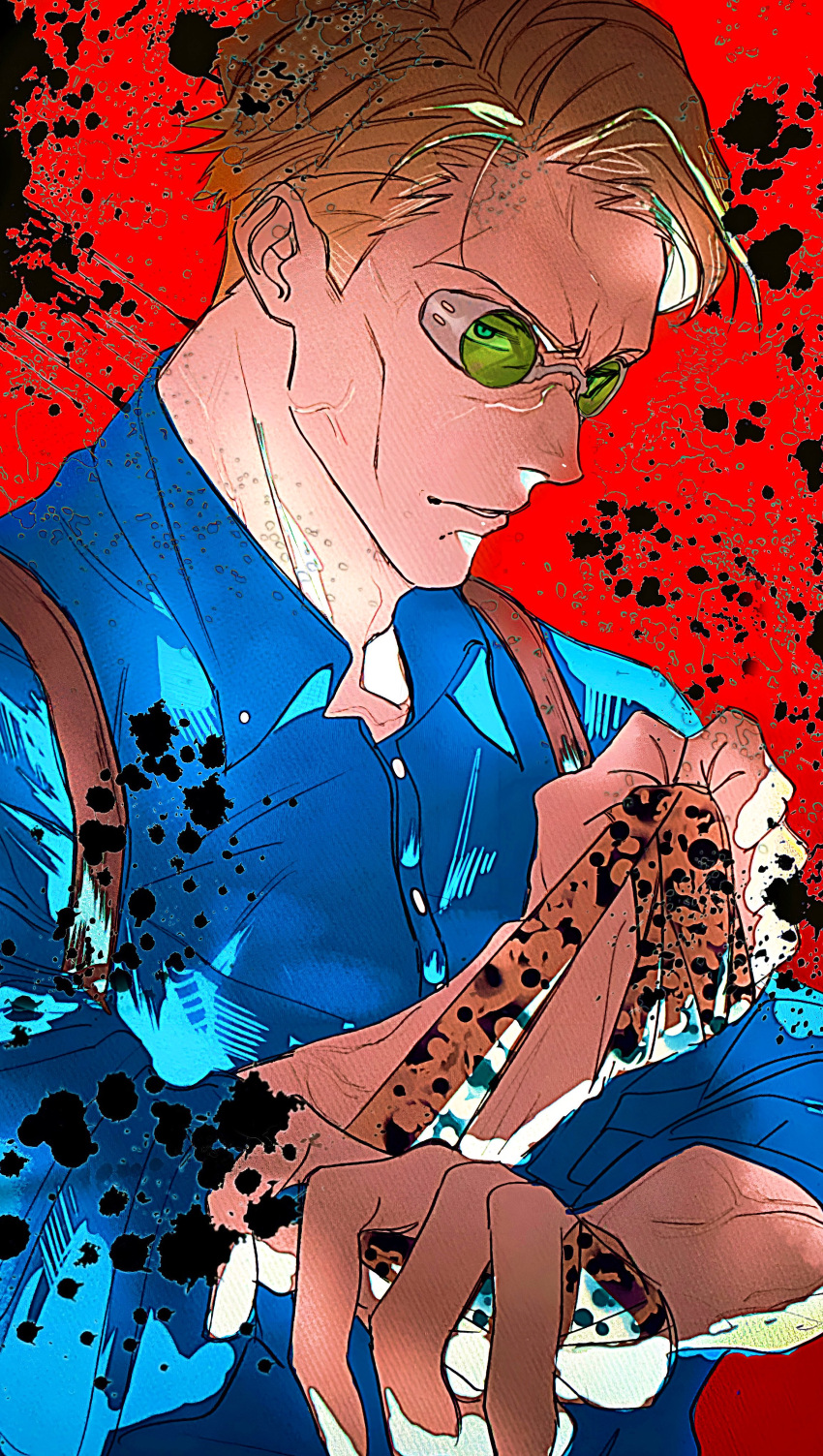1boy absurdres blue_eyes blue_shirt bo_toike57 buttons clenched_hand collared_shirt goggles highres holding holding_necktie jujutsu_kaisen looking_at_viewer male_focus nanami_kento necktie red_background shirt solo suspenders upper_body veins veiny_arms veiny_face