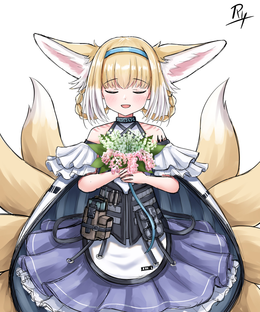 1girl :d absurdres animal_ear_fluff animal_ears apron arknights bare_shoulders blonde_hair blue_hairband blush bouquet braid closed_eyes commentary english_commentary facing_viewer flower fox_ears fox_girl fox_tail hair_rings hairband highres holding holding_bouquet infection_monitor_(arknights) kitsune lily_of_the_valley multicolored_hair name_connection object_namesake oripathy_lesion_(arknights) pink_flower pleated_skirt purple_skirt rylaera shirt signature simple_background skirt smile solo suzuran_(arknights) tail twin_braids two-tone_hair white_apron white_background white_flower white_hair white_shirt