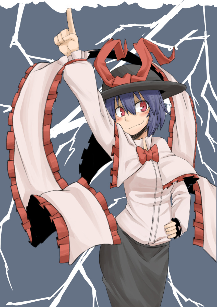 1girl arm_up black_headwear black_skirt blush bow bowtie capelet closed_mouth commentary_request cowboy_shot frilled_capelet frilled_shawl frilled_sleeves frills hagoromo hair_between_eyes hand_on_own_hip hat hat_bow highres index_finger_raised kuri_dora lightning long_bangs long_sleeves looking_at_viewer nagae_iku purple_hair red_bow red_bowtie red_eyes shawl shirt short_hair skirt smile solo touhou white_capelet white_shirt
