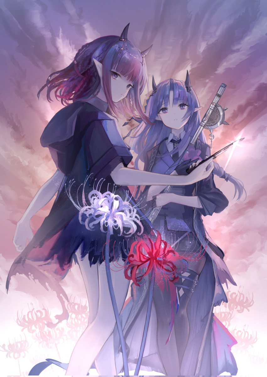 2girls ankle_cuffs arknights black_coat black_jacket black_necktie black_shorts coat demon_horns hemorina hibiscus_(arknights) hibiscus_the_purifier_(arknights) highres holding holding_instrument hood horns instrument jacket lava_(arknights) lava_the_purgatory_(arknights) looking_at_viewer looking_back multiple_girls necktie open_clothes open_coat pointy_ears purple_hair redhead shirt short_shorts shorts violet_eyes white_shirt