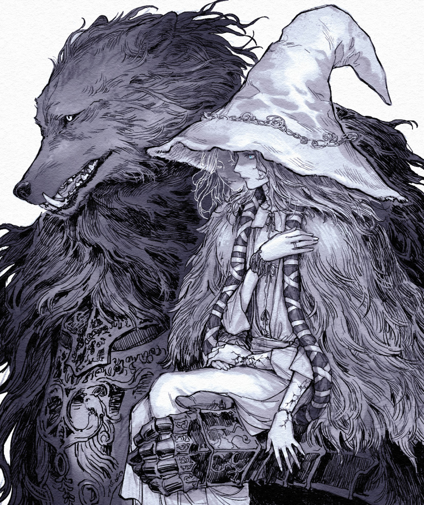 1boy 1girl armor black_armor black_fur blaidd_the_half-wolf blue_dress blue_eyes blue_hair blue_headwear blue_robe carrying carrying_person cloak colored_skin cracked_skin doll doll_joints dress elden_ring extra_arms extra_faces extra_hands from_side fur_cloak furry furry_male ghost hand_on_another's_wrist hand_on_own_face hand_up hands_on_lap hat highres joints large_hat looking_to_the_side medium_hair neji_vuldarak ranni_the_witch robe sharp_teeth sitting_on_arm size_difference teeth werewolf wide_brim witch witch_hat