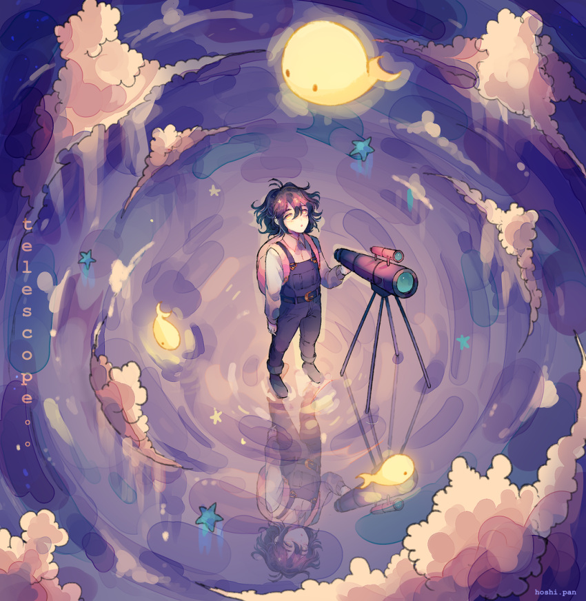 1boy :o antenna_hair artist_name backpack bag blue_overalls clouds collared_shirt commentary english_commentary english_text fish from_above holding_telescope hoshi-pan inktober long_sleeves messy_hair night open_mouth original overalls pink_bag purple_hair reflection reflective_water shirt short_hair solo standing standing_on_liquid star_(symbol) telescope upper_body white_shirt yellow_eyes