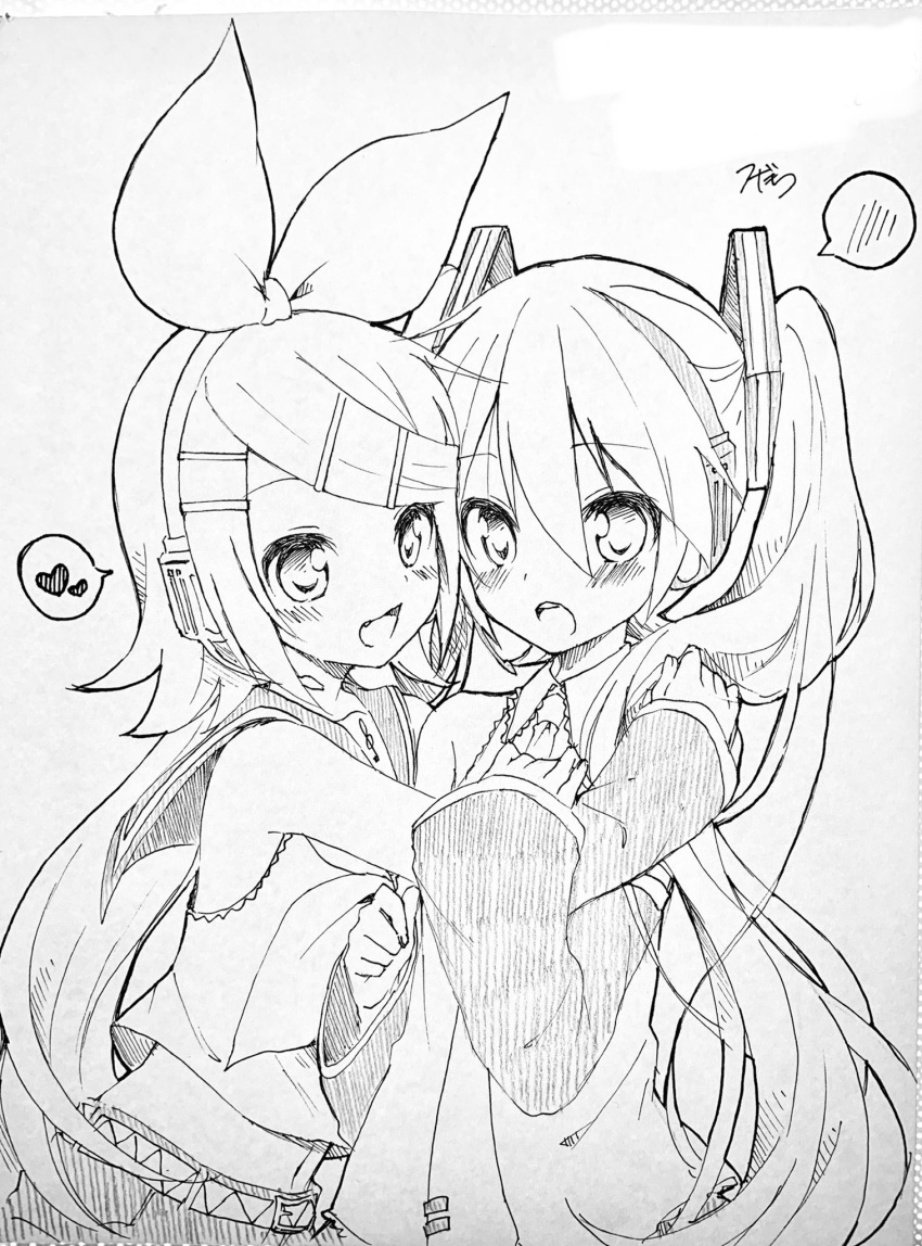 2girls :o arms_around_back bare_shoulders belt belt_buckle blush bow buckle collared_shirt crop_top detached_sleeves fang flat_chest grabbing_another's_arm hair_between_eyes hair_bow hair_ornament hairclip hand_on_another's_shoulder hatching_(texture) hatsune_miku headphones headset heart highres hug kagamine_rin linear_hatching long_hair looking_at_another looking_at_viewer midriff monochrome multiple_girls navel necktie open_mouth sailor_collar sailor_shirt shirt short_hair shorts signature sketch skinny sleeveless sleeveless_shirt smile spoken_blush spoken_heart sudachi_(calendar) swept_bangs traditional_media treble_clef twintails very_long_hair vocaloid yuri