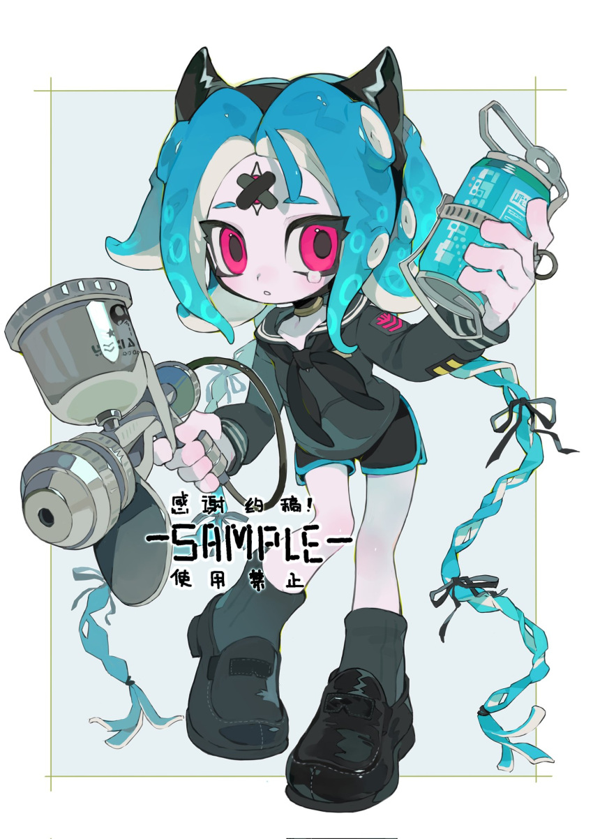 1girl aerospray_(splatoon) bandaid bandaid_on_face bandaid_on_forehead black_footwear black_hairband black_neckerchief black_ribbon black_sailor_collar black_shirt black_shorts black_socks blue_hair blush braid commentary_request crossed_bandaids fake_horns fizzy_bomb_(splatoon) full_body gun hair_ribbon hairband hand_up highres holding holding_gun holding_weapon horned_headwear horns jewelry loafers long_hair long_sleeves looking_at_viewer neck_ring neckerchief octoling octoling_girl p-pepper parted_bangs parted_lips red_eyes ribbon sailor_collar sample_watermark shirt shoes short_shorts shorts sidelocks sleeve_cuffs socks solo splatoon_(series) suction_cups tears tentacle_hair third_eye twin_braids very_long_hair watermark weapon