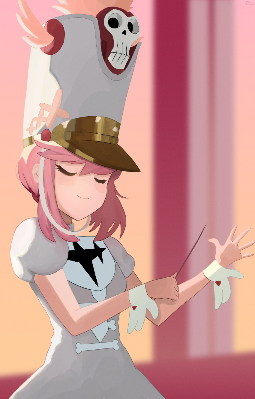 1girl absurdres baton_(conducting) blurry blurry_background blush bone breasts closed_eyes closed_mouth commentary depth_of_field dress eyelashes feathers frilled_wrist_cuffs hair_up hat hat_feather heart highres holding jakuzure_nonon kill_la_kill light_blush light_smile peaceful pink_feathers pink_hair puffy_short_sleeves puffy_sleeves shako_cap short_sleeves sidelocks skull small_breasts smile solo standing swept_bangs symphony_regalia takushii upper_body white_dress