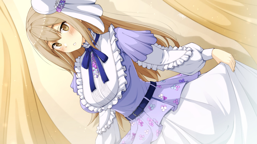 1girl aobara_hairi belt bib blue_belt blue_ribbon blush brown_eyes commentary_request double-parted_bangs dress dutch_angle embarrassed highres layered_dress layered_sleeves light_brown_hair long_hair long_sleeves looking_at_viewer neck_ribbon nijisanji official_alternate_costume puffy_long_sleeves puffy_sleeves purple_dress ribbon short_over_long_sleeves short_sleeves sister_cleaire sister_cleaire_(10th_costume) skirt_hold solo straight_hair textless_version tilted_headwear virtual_youtuber white_headwear