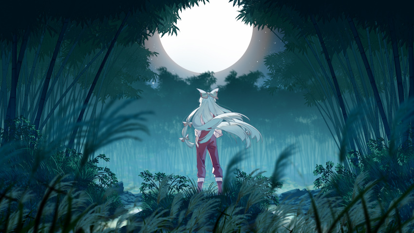 1girl bow forest from_behind fujiwara_no_mokou full_body full_moon grey_hair hair_bow highres jiege long_hair moon nature pants red_pants solo standing touhou tree white_bow