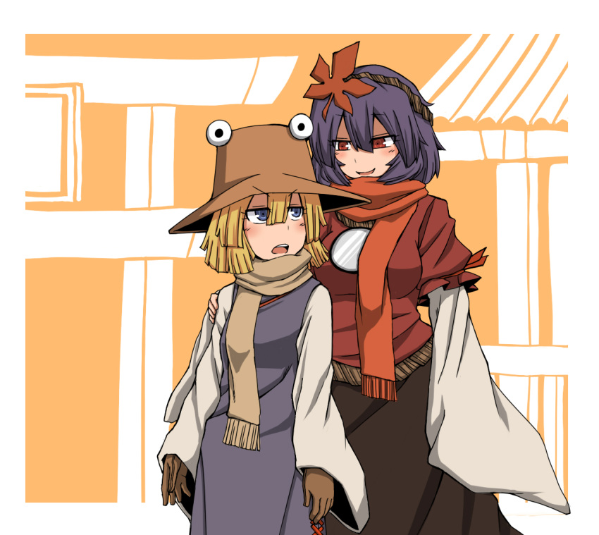 2girls autumn_leaves black_skirt blonde_hair blue_eyes blush breasts brown_gloves brown_headwear brown_scarf commentary_request cowboy_shot dress gloves hair_between_eyes hair_ornament hand_on_another's_shoulder hat kuri_dora large_breasts layered_sleeves leaf_hair_ornament long_bangs long_skirt long_sleeves looking_at_another looking_to_the_side mirror moriya_suwako multiple_girls open_mouth orange_scarf pinafore_dress purple_dress purple_hair red_eyes red_shirt rope scarf shimenawa shirt short_hair short_over_long_sleeves short_sleeves skirt sleeveless sleeveless_dress small_breasts smile torii touhou v-shaped_eyebrows white_shirt wide_sleeves yasaka_kanako