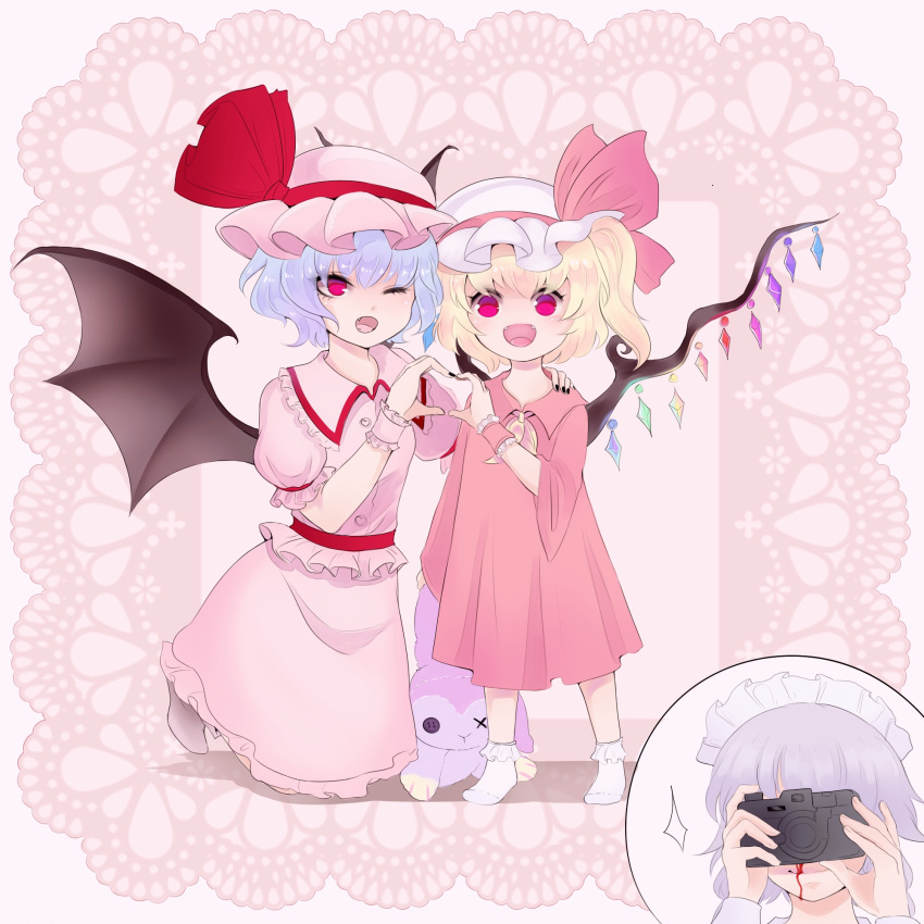 3girls aged_down baby.lemon bat_wings black_nails blood camera collared_shirt commentary dress english_commentary fangs flandre_scarlet frilled_shirt frilled_shirt_collar frilled_skirt frilled_sleeves frills grey_hair hand_on_another's_shoulder happy hat hat_ribbon heart heart_hands heart_hands_duo highres holding holding_camera izayoi_sakuya looking_at_another maid_headdress mob_cap multicolored_wings multiple_girls nail_polish no_shoes nosebleed one_eye_closed open_mouth pink_background pink_headwear pink_shirt pink_skirt puffy_short_sleeves puffy_sleeves red_dress red_eyes red_ribbon remilia_scarlet ribbon shirt short_sleeves siblings simple_background sisters skirt sleeve_ribbon socks stuffed_animal stuffed_toy taking_picture touhou white_headwear white_socks wings wrist_cuffs